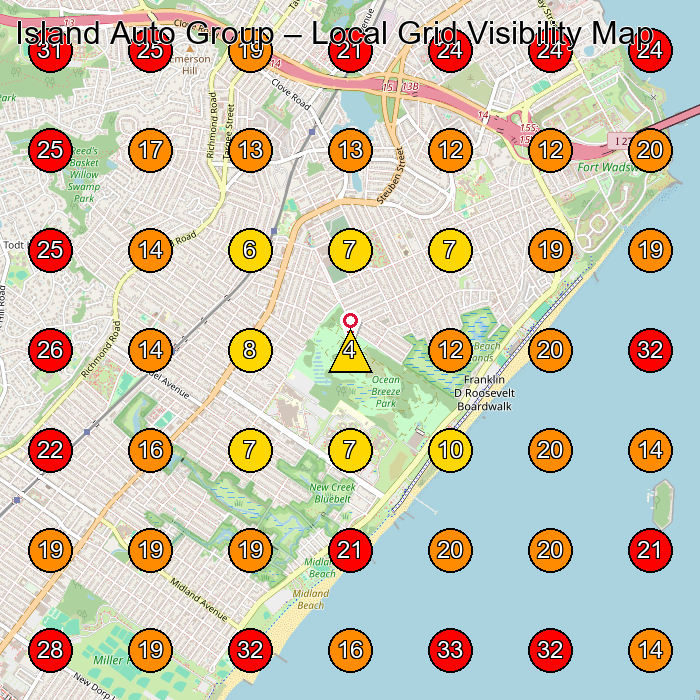 Island Auto Group GeoGrid visibility map for Used Car Dealer in Staten Island